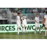 Rhode Island FC celebrates a goal against Lexington SC