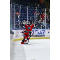 Kelowna Rockets centre Shane Smith reacts after his tying goal