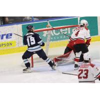 Penticton Vees' Brady Birnie and Prince George Cougars' Carson Carels and Lee Shurgot on the ice