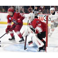 Allen Americans defenseman Sam Sedley and goaltender Jackson Parsons