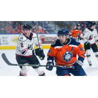 Adirondack Thunder defenseman Mitchell Becker (left) vs. the Worcester Railers