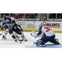 Wichita Thunder's Peter Bates battles Tulsa Oilers' Jake Sibell