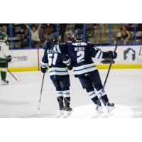 Penticton Vees left wing Brittan Alstead and defenceman Ethan Weber