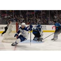 Syracuse Crunch forward Dylan Duke reacts after his goal