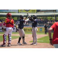 Tyler Hardman of the Somerset Patriots is congratulated at home plate
