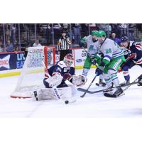 South Carolina Stingrays goaltender Seth Eisele tips aside a Florida Everblades shot