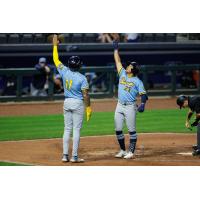 Montgomery Biscuits first baseman Xavier Isaac (11) and second baseman Jadher Areinamo