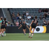 Angel City Football Club defender Gisele Thompson reacts after her goal