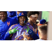 Branny De Oleo of the St. Lucie Mets is congratulated in the dugout