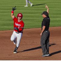 Zac Vooletich of the Sioux City Explorers celebrates his first inning home run