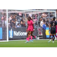 Evelyn Ijeh of the North Carolina Courage reacts after her goal against Angel City