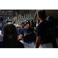Montgomery Biscuits exchange high fives in the dugout