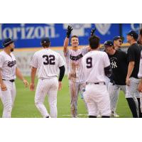 Somerset Patriots celebrate with shortstop Owen Cobb following his game-winning hit