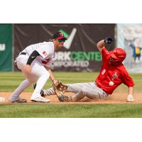 Adam Hall of the Winnipeg Goldeyes slides into second