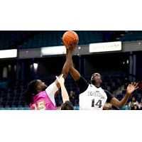 Scarborough Shooting Stars forward Charles Bediako (right) vs. Saskatoon Mamba center Jaden Bediako
