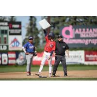 Tanner Recchio of the St. Cloud Rox celebrates his Northwoods League stolen base record