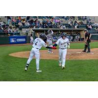Tri-City Dust Devils catcher Peter Burns receives congratulations on his way to the dugout