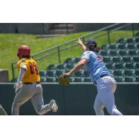 Lincoln Saltdogs pitcher Haden Erbe (roght) vs. the Chicago Dogs