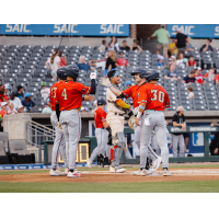 Pensacola Blue Wahoos exchange congratulations at home plate