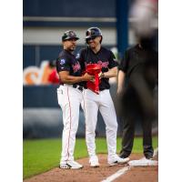 Nick Sogard talks with Worcester Red Sox Manager Iggy Suarez