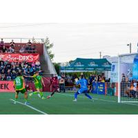 Detroit City FC forward Ates Diouf launches a shot against the Tampa Bay Rowdies