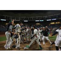 Greensboro Grasshoppers mob Edward Florentino after his walk-off homer