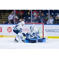Penticton Vees' Giorgos Pantelas and AJ Reyelts in action