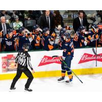 Flint Firebirds right wing Darian Anderson high fives with the bench