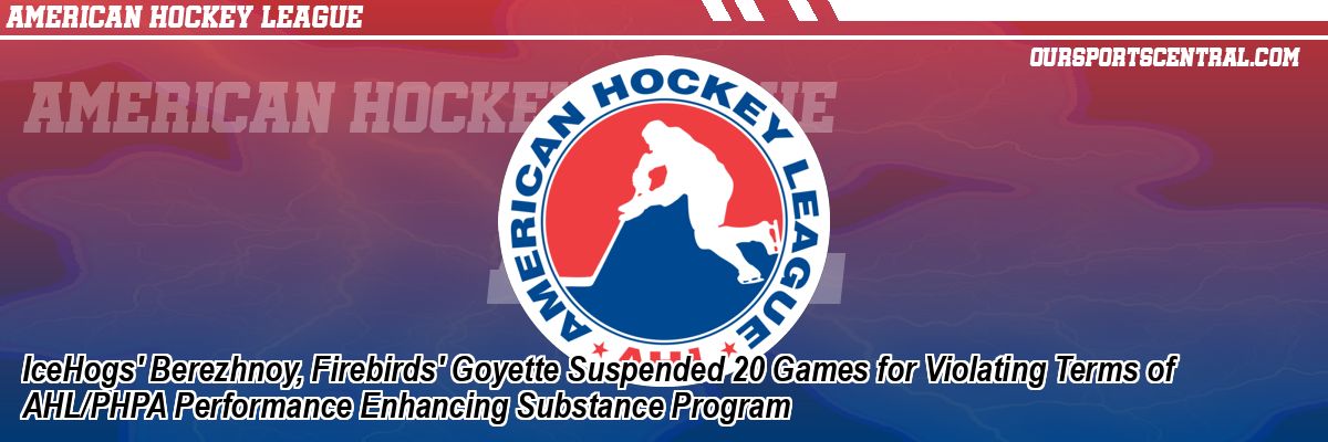 IceHogs' Berezhnoy, Firebirds' Goyette Suspended 20 Games for Violating Terms of AHL/PHPA Performance Enhancing Substance Program