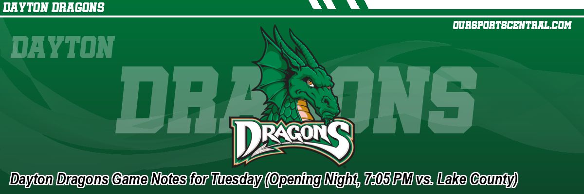 Dayton Dragons Game Notes for Tuesday (Opening Night, 7:05 PM vs. Lake County)