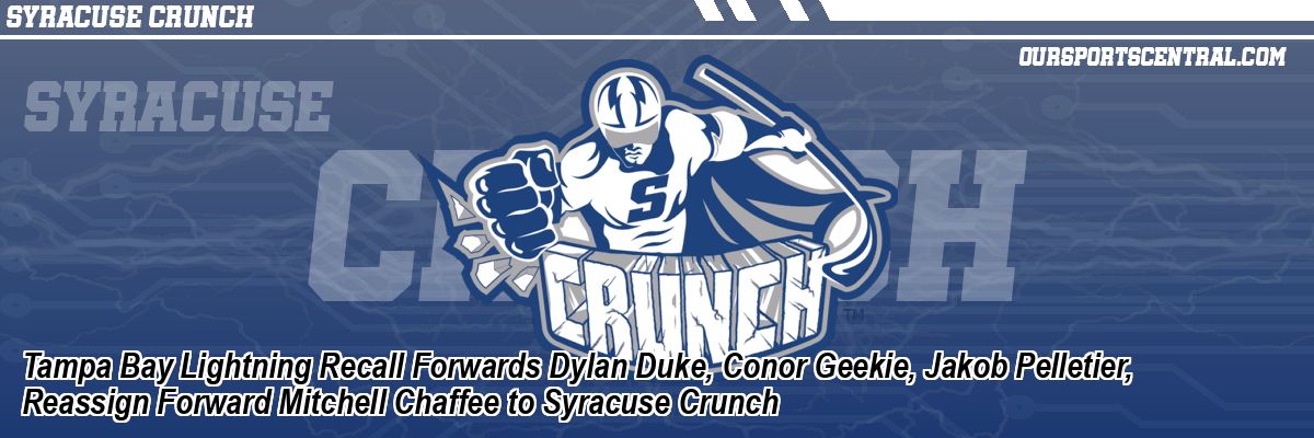 Tampa Bay Lightning Recall Forwards Dylan Duke, Conor Geekie, Jakob Pelletier, Reassign Forward Mitchell Chaffee to Syracuse Crunch